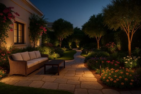 حديقة منزلية أنيقة في صباح السالم بالكويت بإضاءة دافئة وممرات حجرية