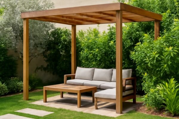 حديقة منزلية مع نافورة ثلاثية الطبقات محاطة بالعشب الأخضر والنباتات الملونة