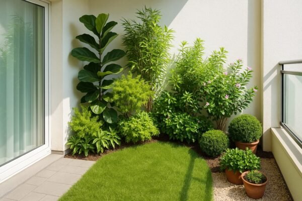 زاوية حديقة داخلية أنيقة في بلكونة منزلية مضاءة بضوء الشمس