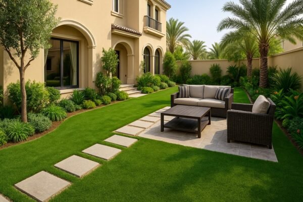 حديقة في فيلا بمشرف بالكويت تحتوي على ممرات حجرية وثيل صناعي وجلسة خارجية أنيقة.