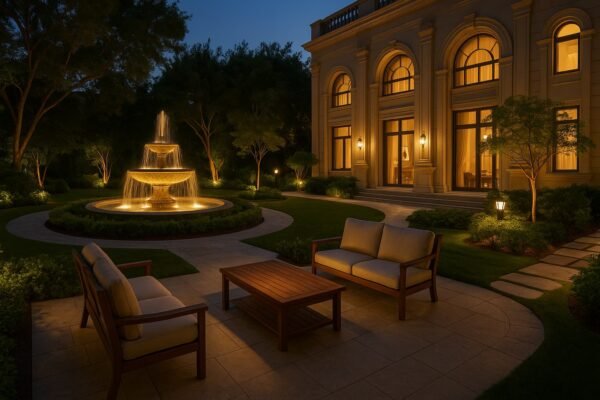 حديقة قصر فخم في الكويت تحتوي على جلسة خارجية ونوافير مضيئة