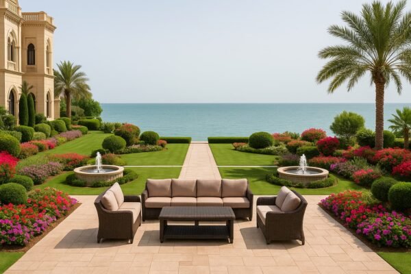 : حديقة قصر في منطقة ساحلية بالكويت تطل على البحر وتضم جلسة فاخرة ونوافير صغيرة