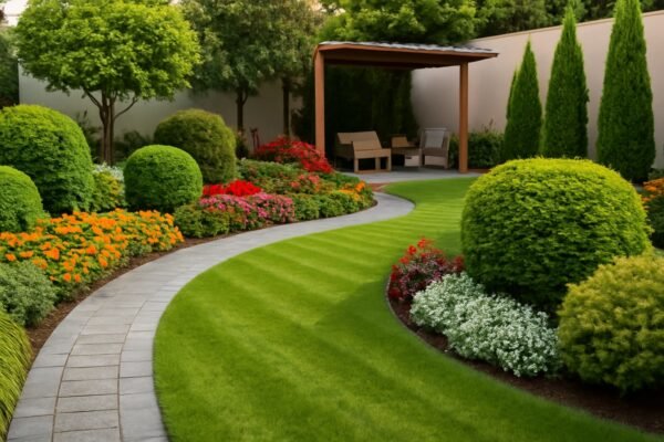 حديقة مصممة بشكل هندسي مع ممرات حجرية وحديقة مزدهرة