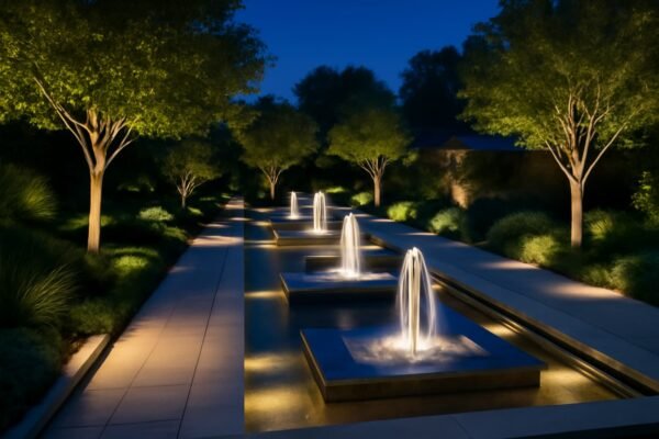 حديقة مع نوافير وممرات مائية مضاءة.