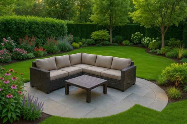 حديقة جميلة ومنسقة تحتوي على جلسة خارجية أنيقة