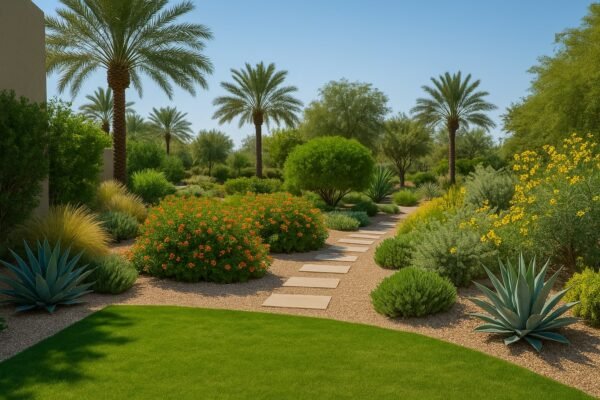 حديقة تحتوي على نباتات مناسبة للمناخ الكويتي ومنسقة بشكل جميل