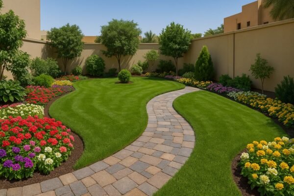 حديقة منزلية في جليب الشيوخ تحتوي على ممرات حجرية وثيل طبيعي وأزهار ملونة