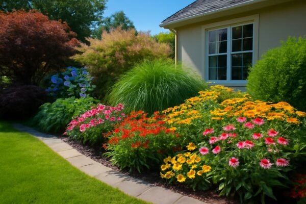 حديقة منزلية تحتوي على نباتات مميزة بألوان زاهية