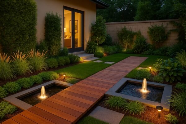 تصميم حديث لحديقة منزلية في الخالدية بممر خشبي ونوافير مياه