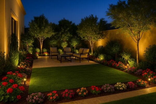 حديقة منزلية فاخرة مضاءة