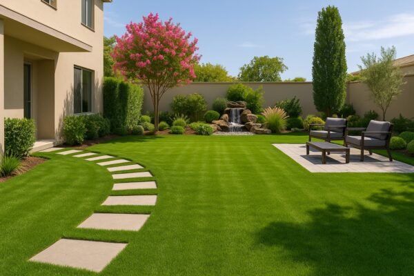 حديقة منزلية أنيقة بعشب طبيعي أخضر وجلسة خارجية مريحة
