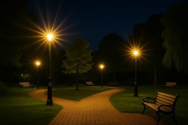 حديقة ليلية مضاءة بإضاءة قوية ودافئة