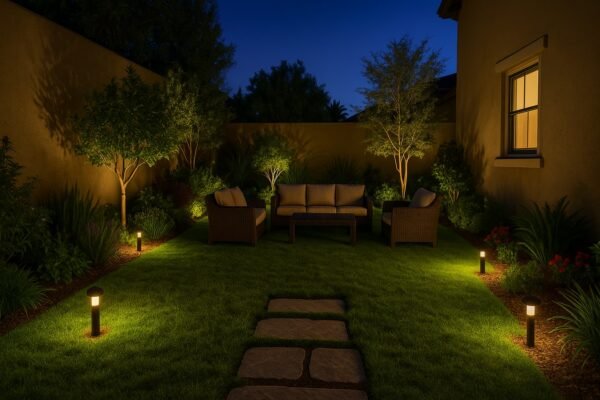 حديقة منزلية في الخالدية بإضاءة ليلية وأثاث خارجي أنيق