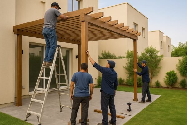 فريق عمل متخصص في تنسيق الجلسات الخارجية أثناء تركيب مظلة خشبية