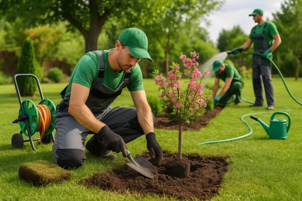 عمال تنسيق حدائق أثناء زراعة الأشجار وتركيب أنظمة الري في العدان