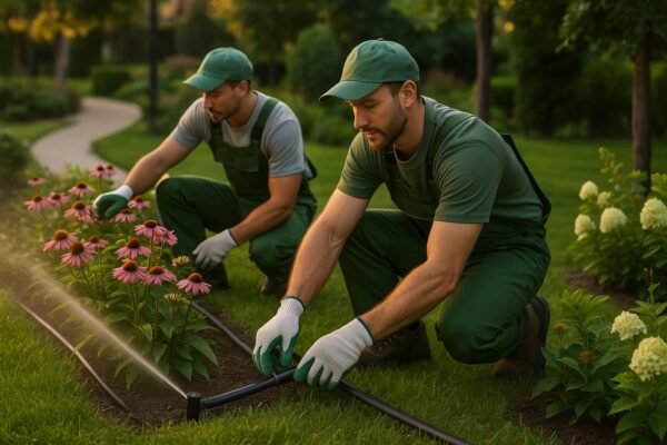 عمال تنسيق حدائق في الشعيبة أثناء تركيب نظام ري ذكي في حديقة مزهرة