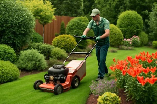 عامل حديقة يقوم بصيانة العشب باستخدام آلة جز العشب