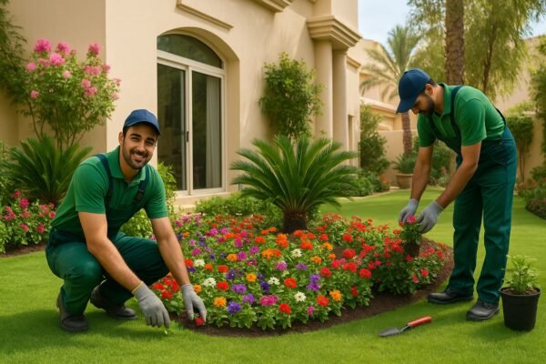 فنيون من شركة تنسيق حدائق سلوى يعملون في حديقة منزلية تحتوي على ثيل طبيعي وأزهار ملونة