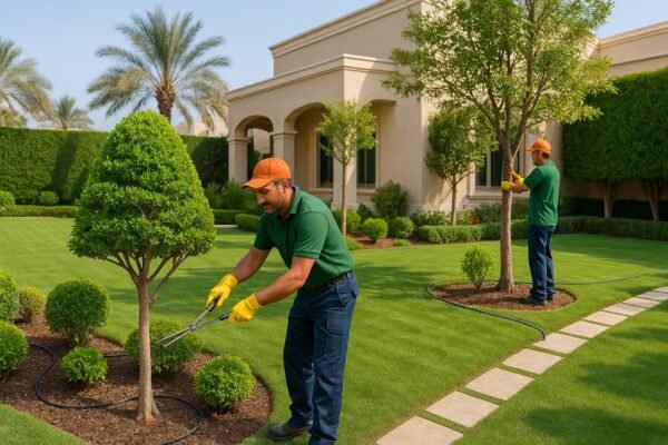 فنيي تنسيق حدائق يعملون في الرميثية بالكويت