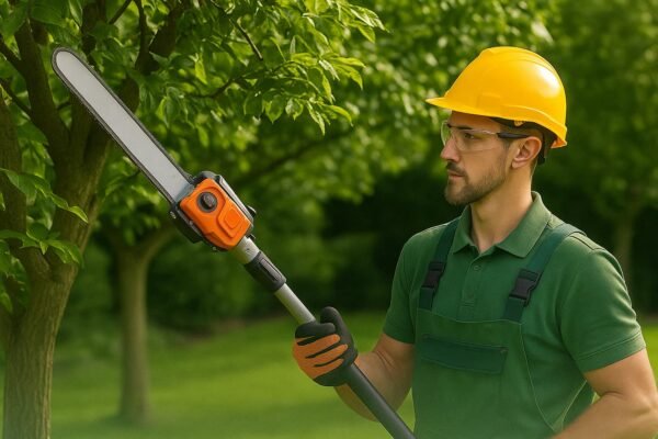 عامل محترف يقص الأشجار داخل حديقة خضراء بالكويت باستخدام معدات حديثة.