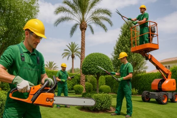 عمال يستخدمون معدات حديثة لقص الأشجار في حديقة فاخرة بالكويت