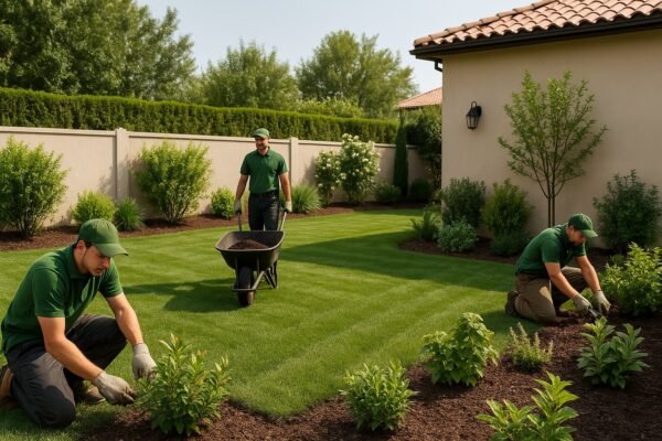 مهندسو تنسيق حدائق يعملون في ساحة منزلية في النويصيب بالكويت