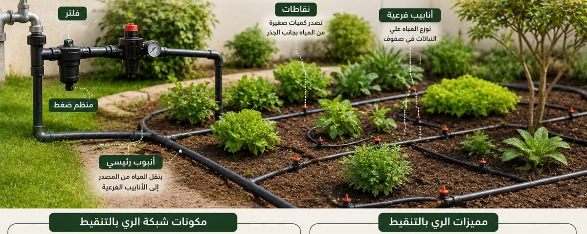 شرح شبكات الري بالتنقيط داخل حديقة منزلية