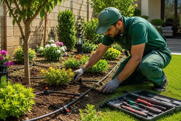 فني يقوم بصيانة شبكة ري بالتنقيط داخل حديقة منزلية