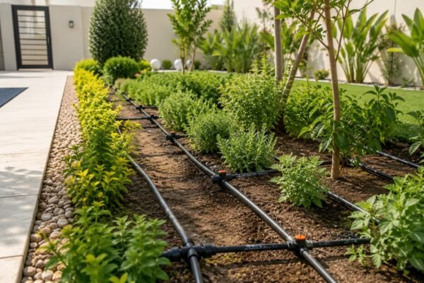 شبكة ري بالتنقيط داخل حديقة منزلية