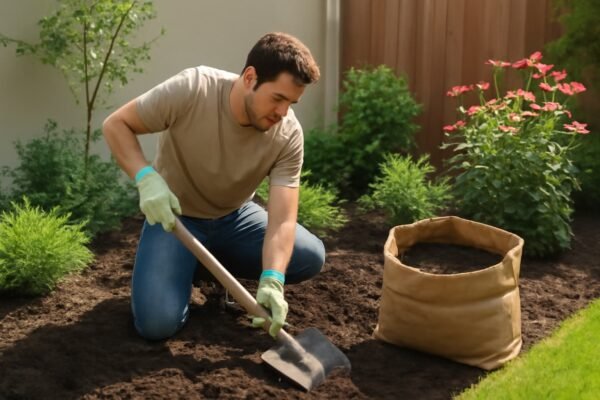 فني يعمل على تحضير التربة باستخدام الأدوات المناسبة، مع إضافة السماد العضوي لتحسين جودتها.