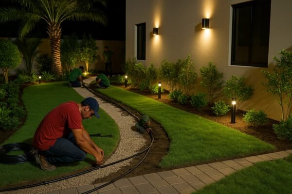 تركيب نظام ري وحديقة مضاءة في الليل