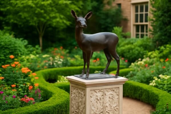 تمثال لغزال صغير فوق مكعب من الرخام المزخرف في حديقة منزلية