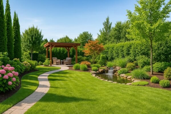 حديقة منزلية خضراء بتنسيق احترافي