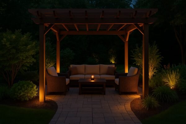 جلسة خارجية تحت برجولة خشبية