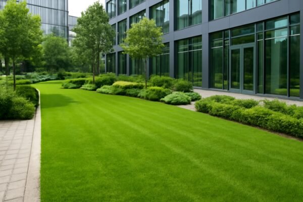 حديقة تجارية مزروعة بالثيل الطبيعي أمام مبنى حديث