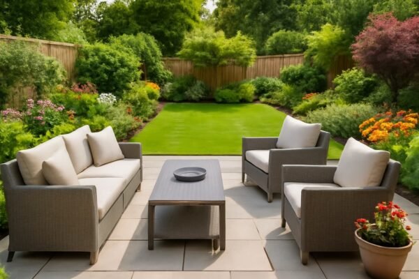 حديقة حديثة وفناء خلفي مزود بأثاث مريح وتنسيق نباتات مزدهرة