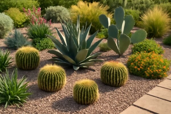 مجموعة من النباتات الصحراوية في حديقة، مثل الصبار والأعشاب الاستوائية التي تتحمل الحرارة