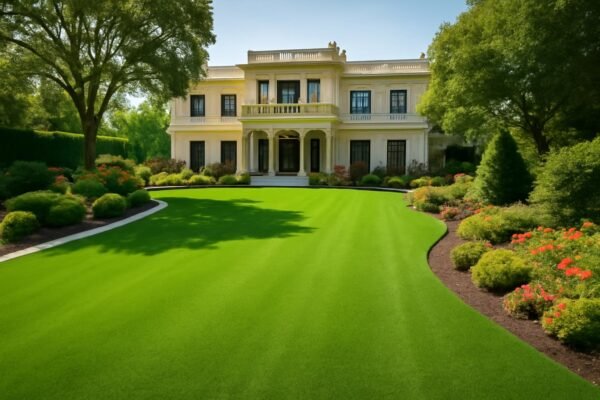 حديقة جميلة أمام قصر كبير، تحتوي على ثيل صناعي وممرات منسقة