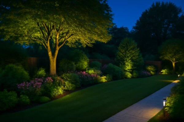 حديقة منزلية جميلة مع إضاءة قوية في كل جانب تحت سماء المساء