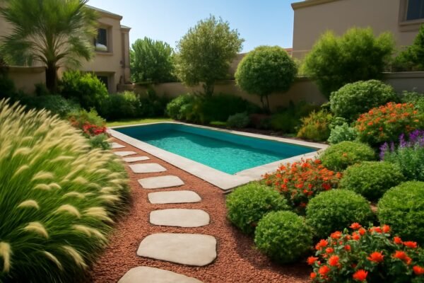 حديقة منزلية جميلة في الكويت بها ممرات حجرية