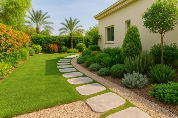 صورة حديقة منزلية مع مسار حجري