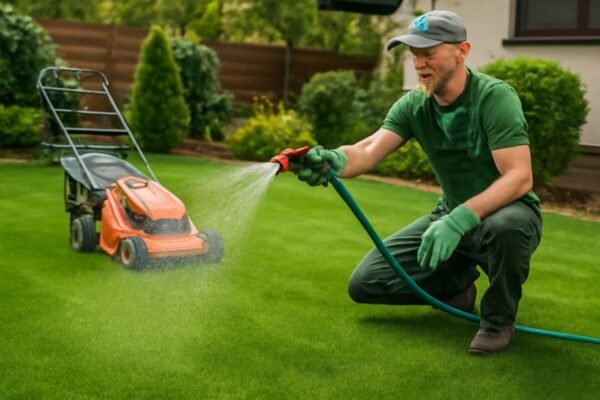 رجل يروي الثيل في حديقة منزلية