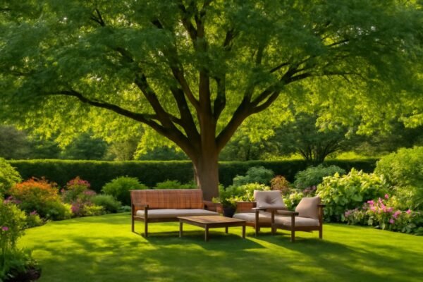 شجرة ضخمة في الحديقة توفر الظل على المساحة المخصصة للجلوس