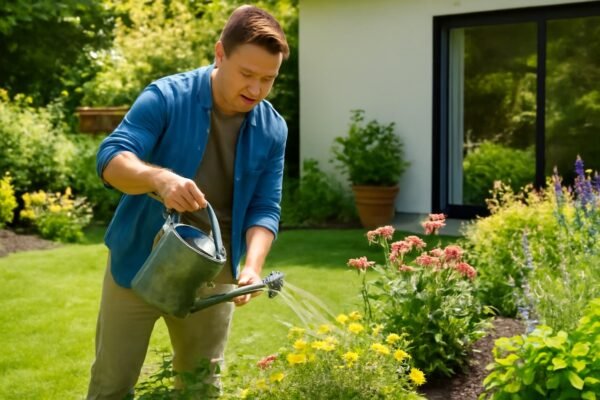 شخص يعتني بالنباتات ويرويها باستخدام علبة ري للحفاظ على نموها الجيد في حديقة منزلية