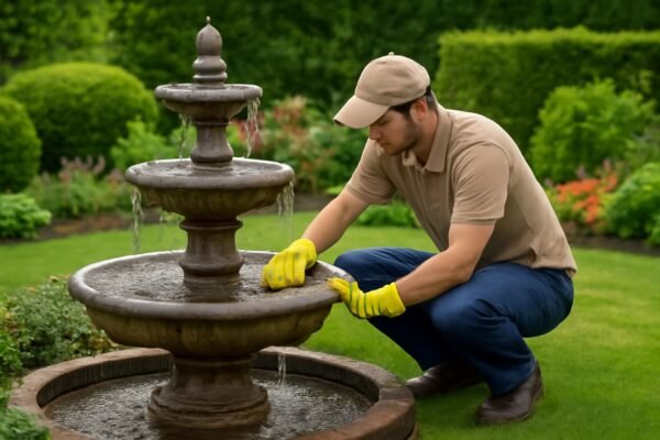 فني يقوم بصيانة نافورة ثلاثية المستويات في حديقة