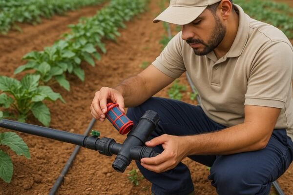 فني يفحص أنابيب الري وينظف المرشحات في نظام ري بالتنقيط داخل مزرعة بالكويت