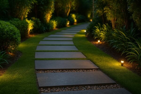 ممر حجري مضاء داخل حديقة