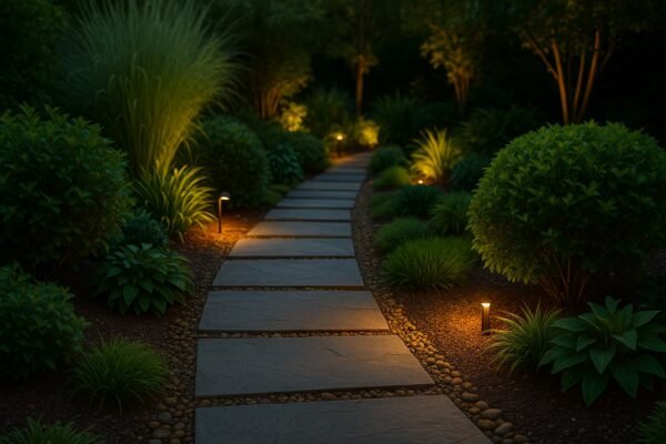 ممر حجري مضاء داخل حديقة