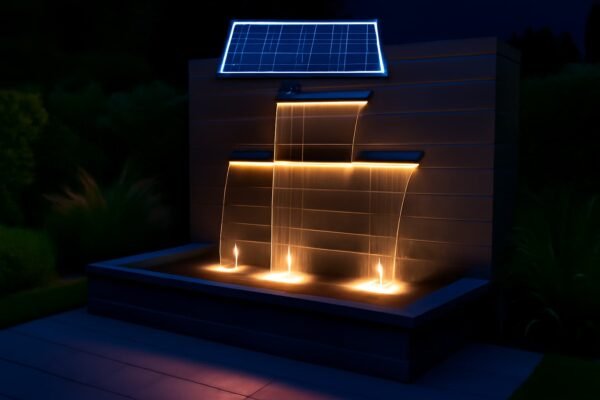 نافورة شلالات ثلاثية تعمل بالطاقة الشمسية مع إضاءة ليلية.