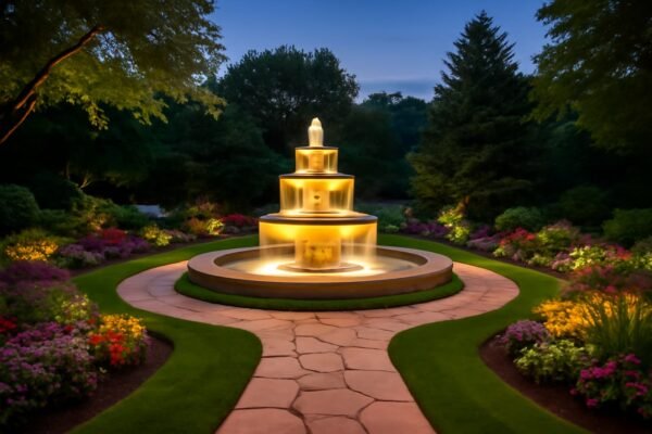 نافورة مضيئة في وسط حديقة كبيرة، مع ممرات حجرية محيطة